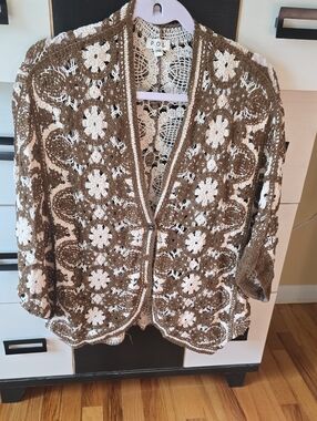 POL Crochet Open-Weave Cardigan Sweater in Brown and Cream